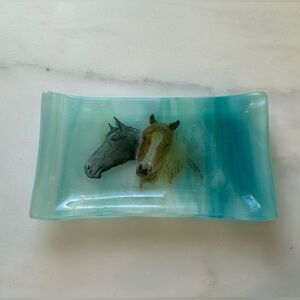 Horse Glass Art Trinket Small Blue Green Tray